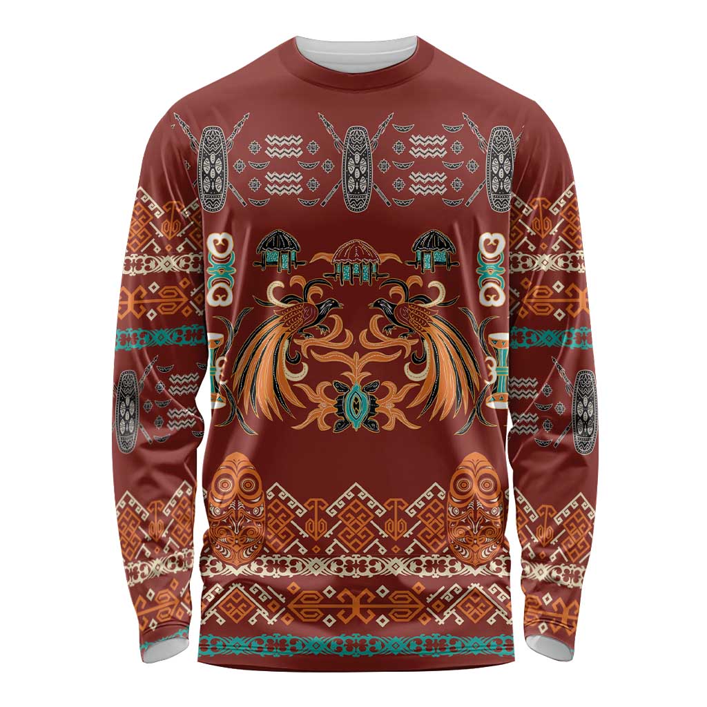 Oxblood Batik Papua-inspired Pattern Long Sleeve Shirt - Polynesian Pride