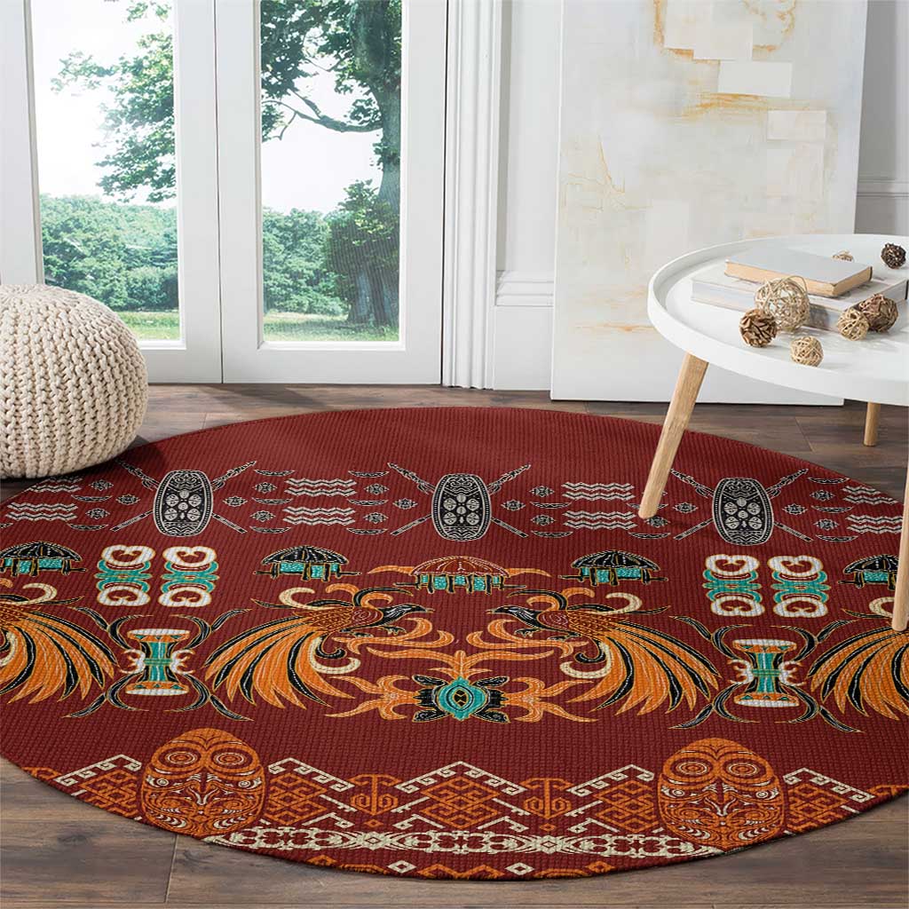 Oxblood Batik Papua-inspired Pattern Round Carpet - Polynesian Pride