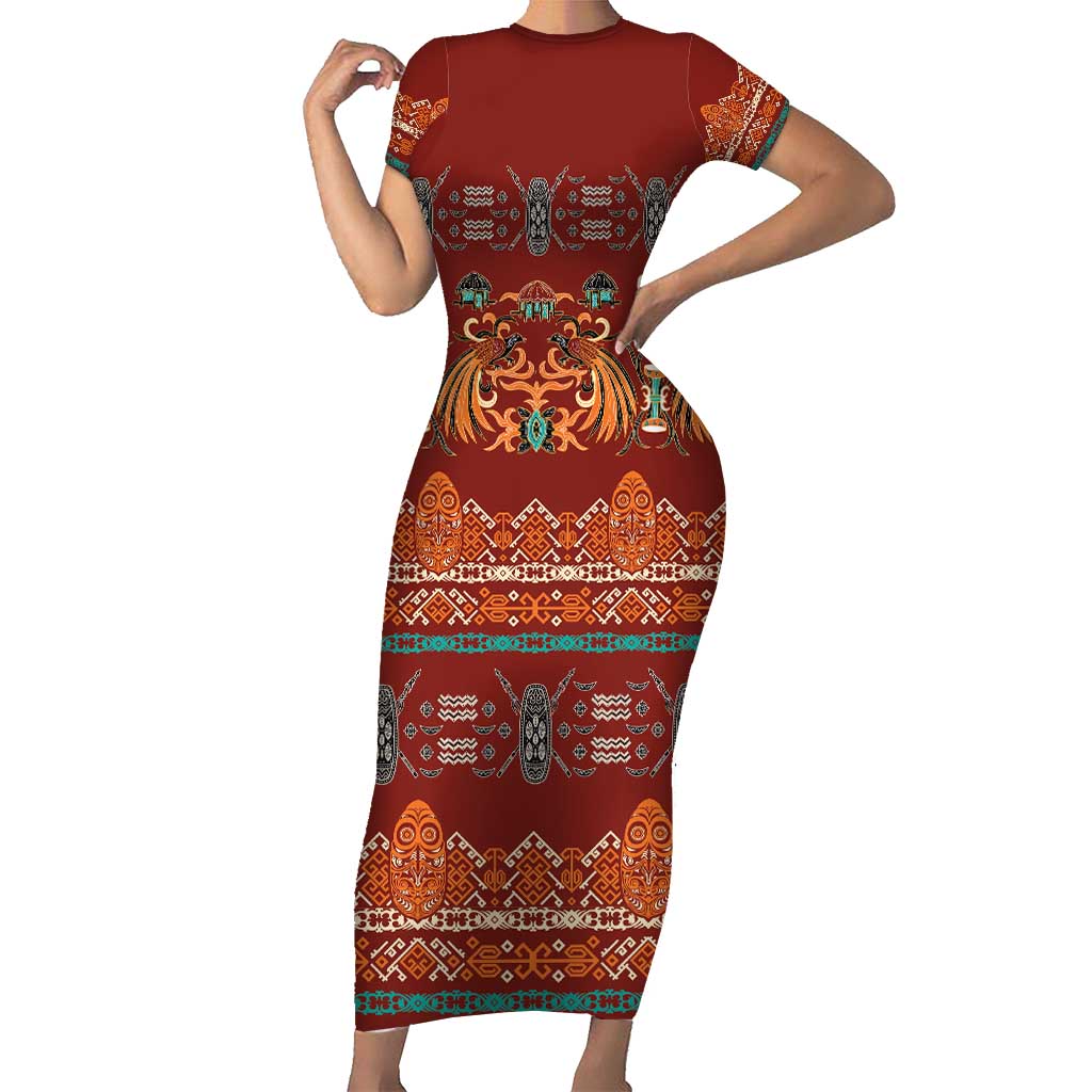 Oxblood Batik Papua-inspired Pattern Short Sleeve Bodycon Dress - Polynesian Pride