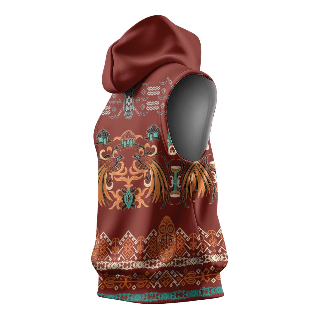 Oxblood Batik Papua-inspired Pattern Sleeveless Hoodie - Polynesian Pride