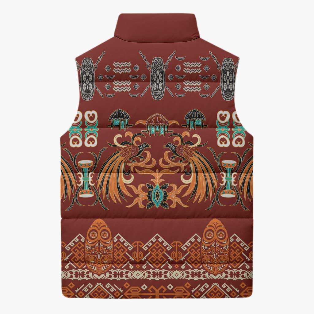 Oxblood Batik Papua-inspired Pattern Sleeveless Puffer Jacket - Polynesian Pride