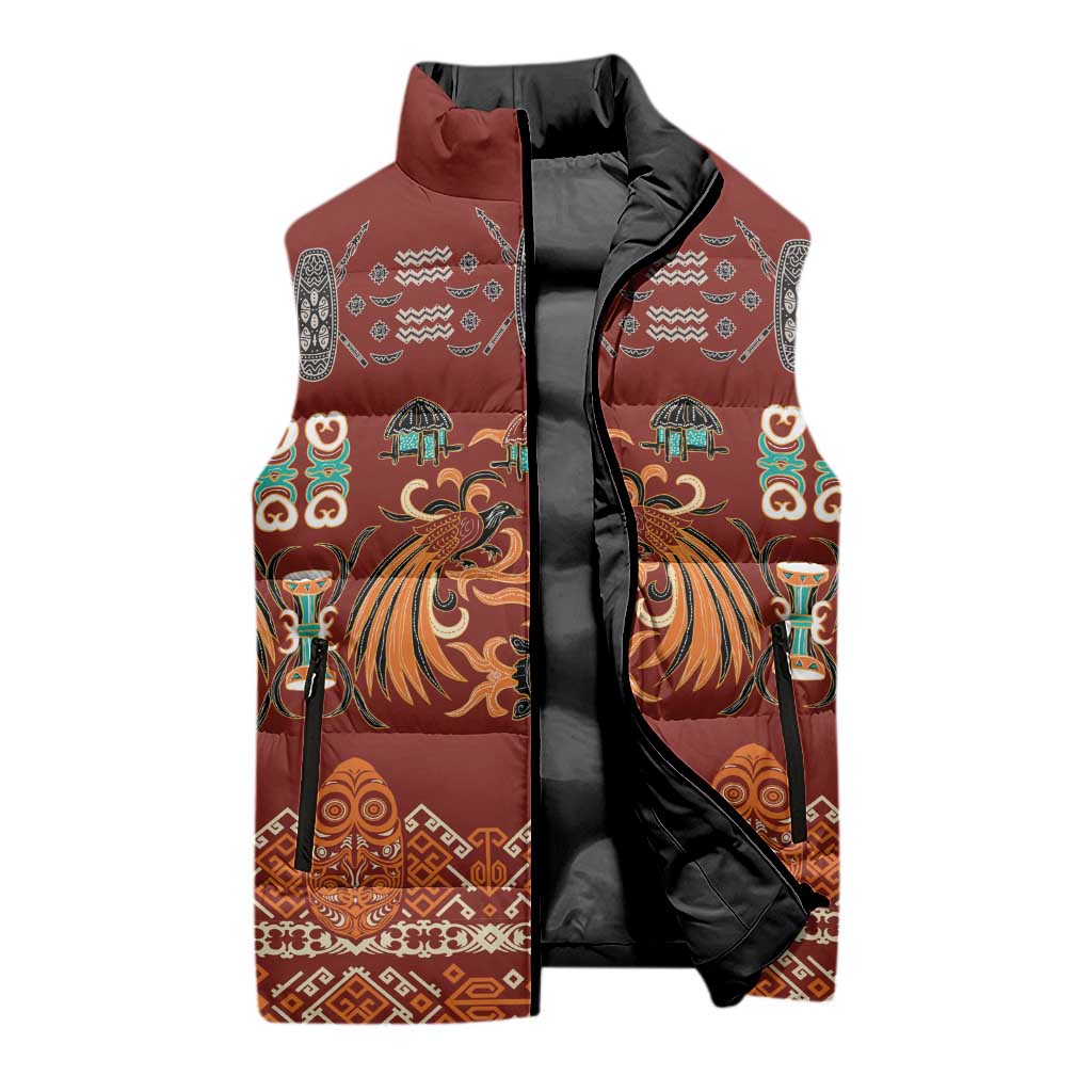 Oxblood Batik Papua-inspired Pattern Sleeveless Puffer Jacket - Polynesian Pride