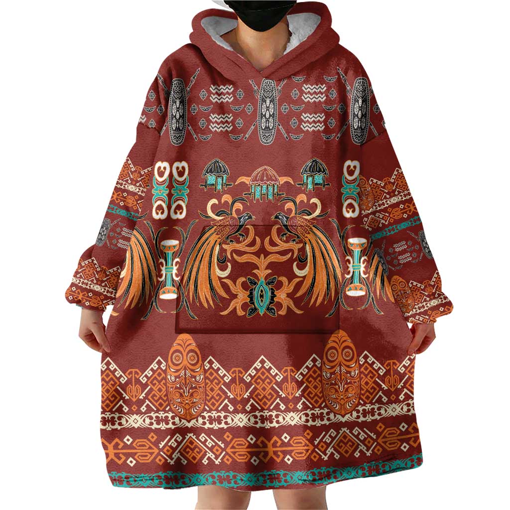 Oxblood Batik Papua-inspired Pattern Wearable Blanket Hoodie - Polynesian Pride