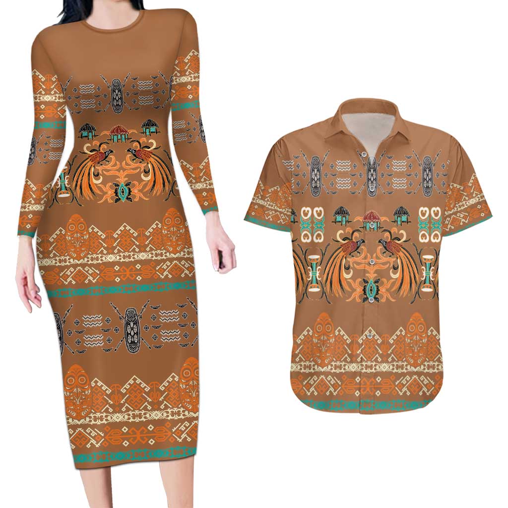 Terracotta Batik Papua-inspired Pattern Couples Matching Long Sleeve Bodycon Dress and Hawaiian Shirt - Polynesian Pride