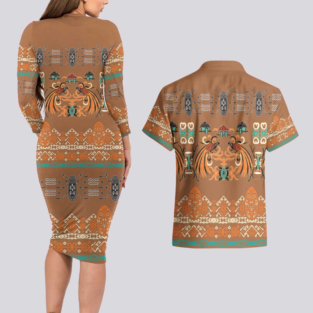 Terracotta Batik Papua-inspired Pattern Couples Matching Long Sleeve Bodycon Dress and Hawaiian Shirt - Polynesian Pride