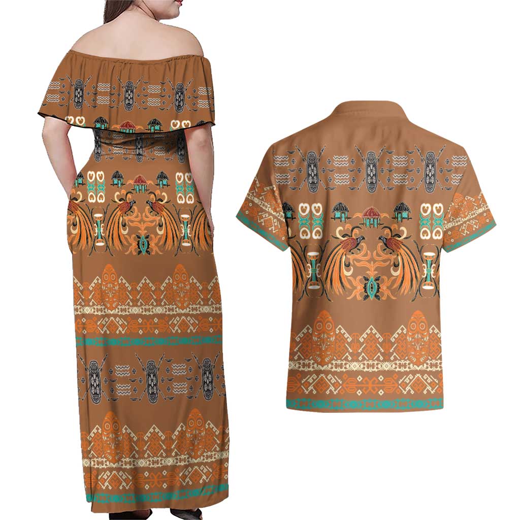 Terracotta Batik Papua-inspired Pattern Couples Matching Off Shoulder Maxi Dress and Hawaiian Shirt - Polynesian Pride