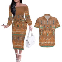 Terracotta Batik Papua-inspired Pattern Couples Matching Off The Shoulder Long Sleeve Dress and Hawaiian Shirt - Polynesian Pride