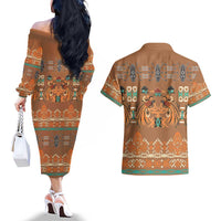 Terracotta Batik Papua-inspired Pattern Couples Matching Off The Shoulder Long Sleeve Dress and Hawaiian Shirt - Polynesian Pride