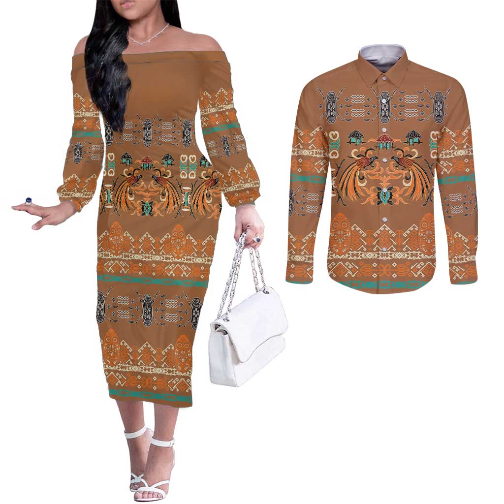 Terracotta Batik Papua-inspired Pattern Couples Matching Off The Shoulder Long Sleeve Dress and Long Sleeve Button Shirt - Polynesian Pride