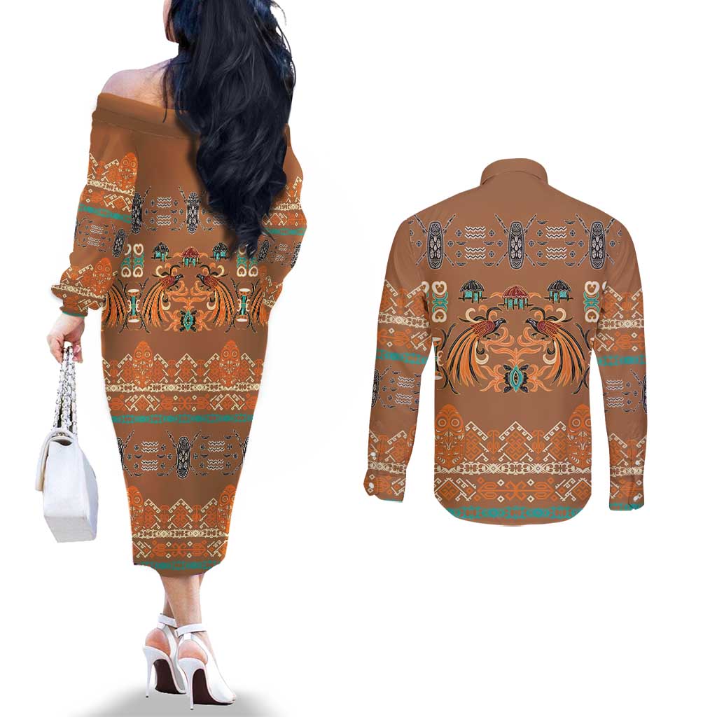 Terracotta Batik Papua-inspired Pattern Couples Matching Off The Shoulder Long Sleeve Dress and Long Sleeve Button Shirt - Polynesian Pride