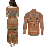 Terracotta Batik Papua-inspired Pattern Couples Matching Puletasi and Long Sleeve Button Shirt - Polynesian Pride