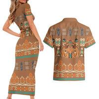 Terracotta Batik Papua-inspired Pattern Couples Matching Short Sleeve Bodycon Dress and Hawaiian Shirt - Polynesian Pride