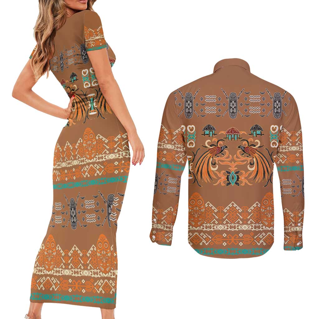 Terracotta Batik Papua-inspired Pattern Couples Matching Short Sleeve Bodycon Dress and Long Sleeve Button Shirt - Polynesian Pride