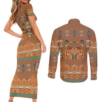 Terracotta Batik Papua-inspired Pattern Couples Matching Short Sleeve Bodycon Dress and Long Sleeve Button Shirt - Polynesian Pride