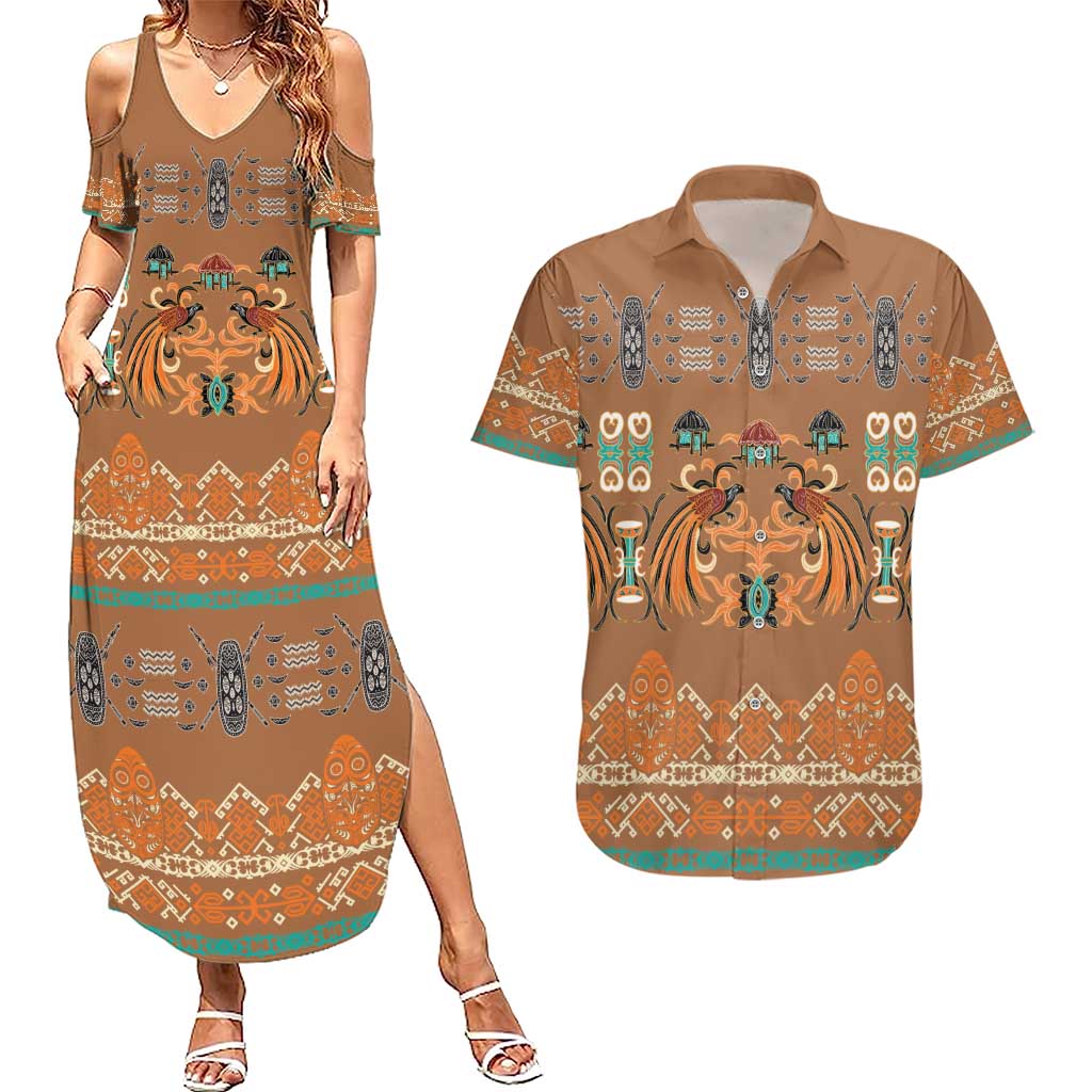 Terracotta Batik Papua-inspired Pattern Couples Matching Summer Maxi Dress and Hawaiian Shirt - Polynesian Pride
