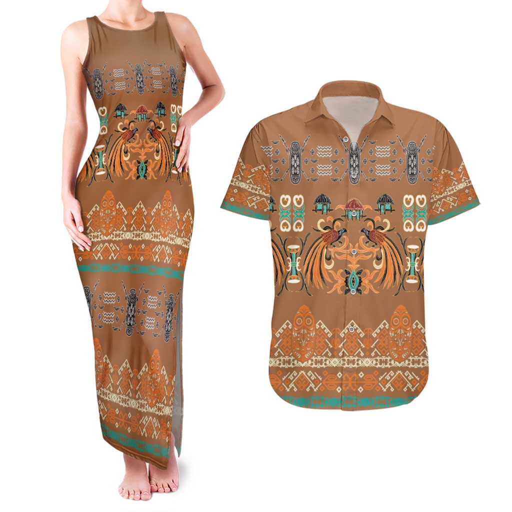 Terracotta Batik Papua-inspired Pattern Couples Matching Tank Maxi Dress and Hawaiian Shirt - Polynesian Pride