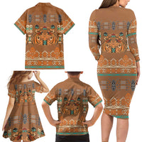 Terracotta Batik Papua-inspired Pattern Family Matching Long Sleeve Bodycon Dress and Hawaiian Shirt - Polynesian Pride