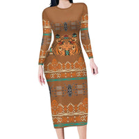 Terracotta Batik Papua-inspired Pattern Family Matching Long Sleeve Bodycon Dress and Hawaiian Shirt - Polynesian Pride
