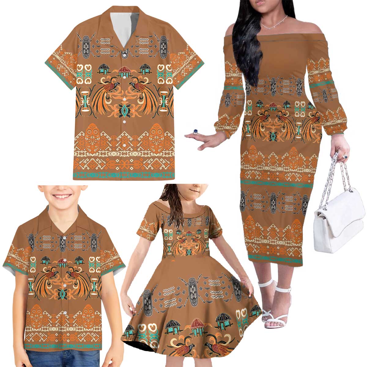 Terracotta Batik Papua-inspired Pattern Family Matching Off The Shoulder Long Sleeve Dress and Hawaiian Shirt - Polynesian Pride