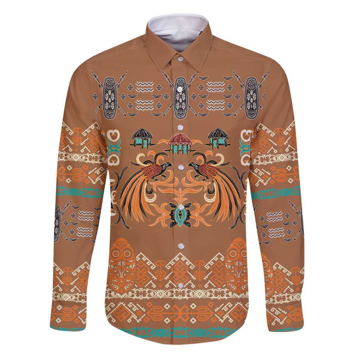 Terracotta Batik Papua-inspired Pattern Family Matching Off The Shoulder Long Sleeve Dress and Hawaiian Shirt - Polynesian Pride