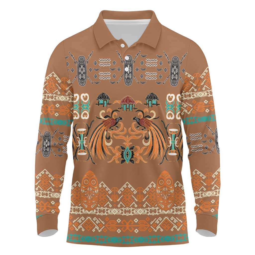 Terracotta Batik Papua-inspired Pattern Long Sleeve Polo Shirt LT9 Gold - Polynesian Pride