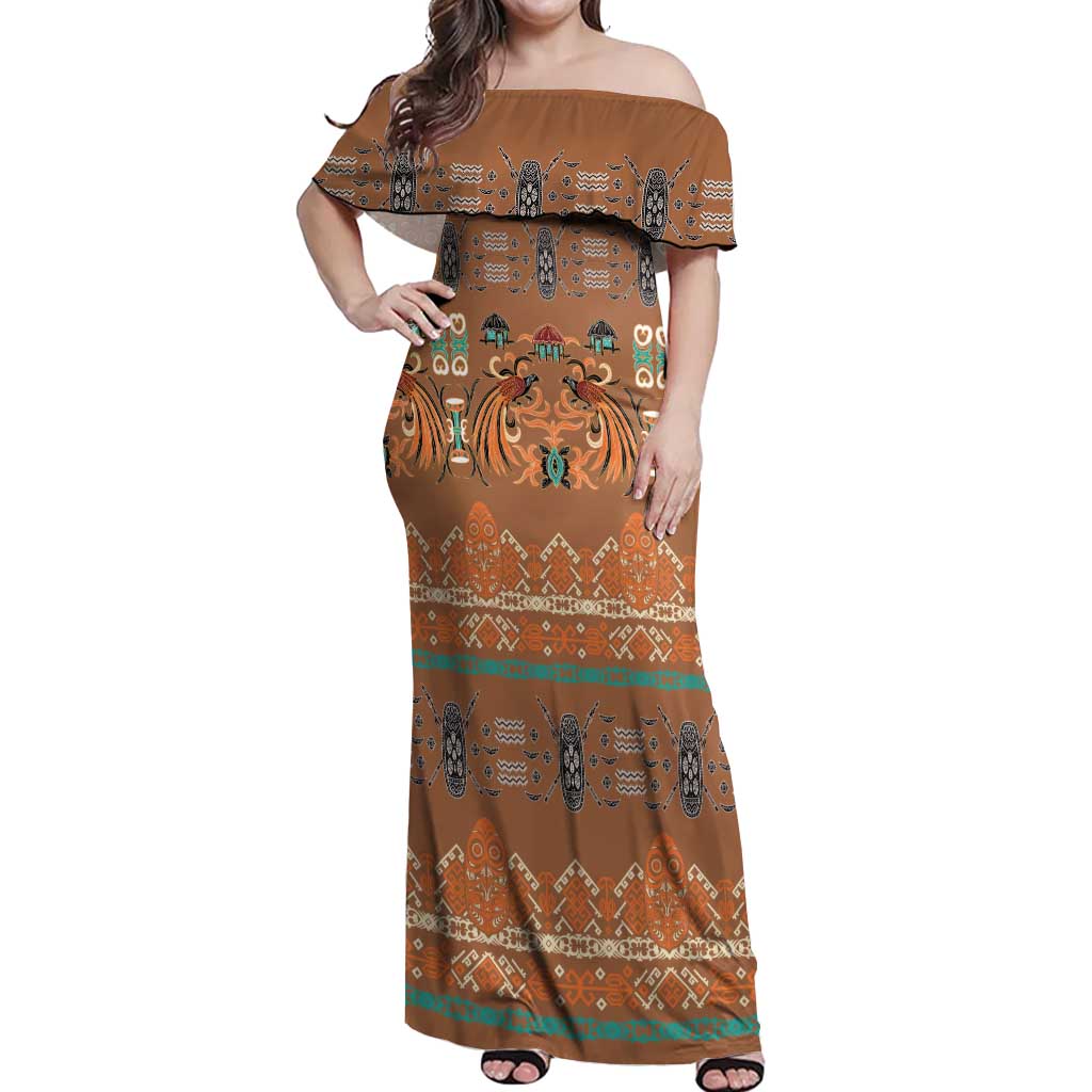 Terracotta Batik Papua-inspired Pattern Off Shoulder Maxi Dress LT9 Women Gold - Polynesian Pride