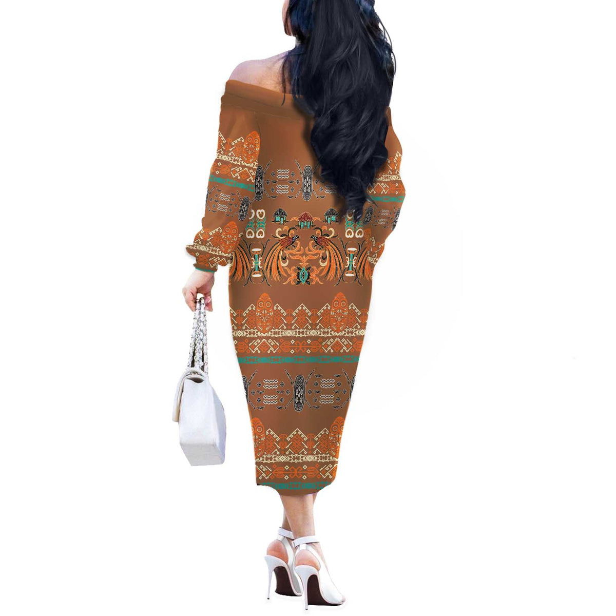 Terracotta Batik Papua-inspired Pattern Off The Shoulder Long Sleeve Dress - Polynesian Pride