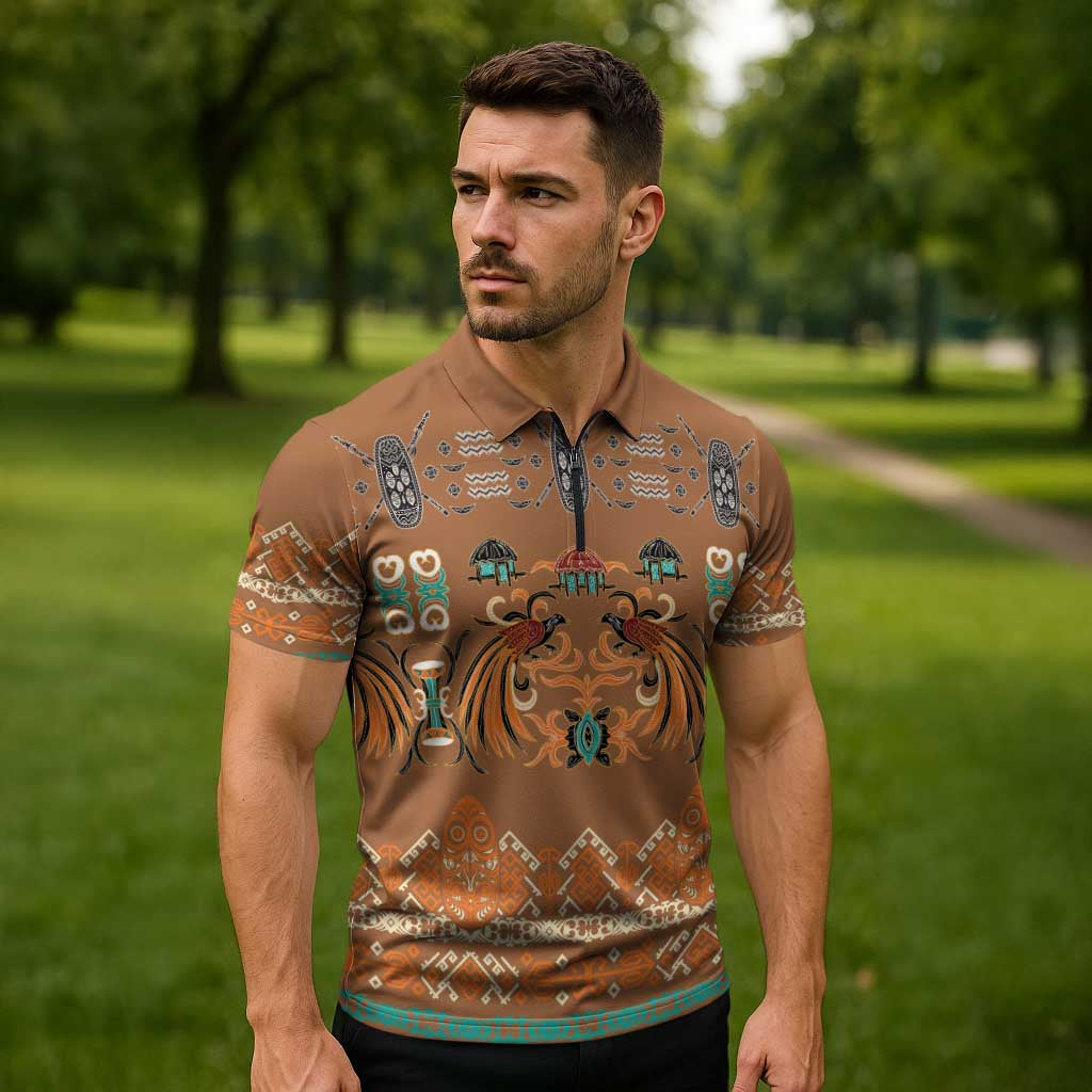 Terracotta Batik Papua-inspired Pattern Zipper Polo Shirt - Polynesian Pride