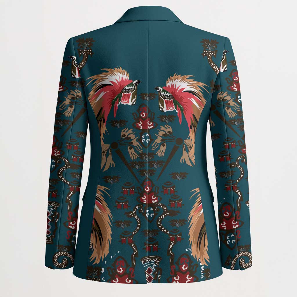 Dark Cyan Blue Bird of Batik Papua Blazer Exotic Natural Wealth of Papua - Polynesian Pride