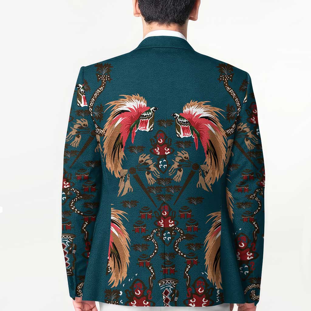 Dark Cyan Blue Bird of Batik Papua Blazer Exotic Natural Wealth of Papua - Polynesian Pride