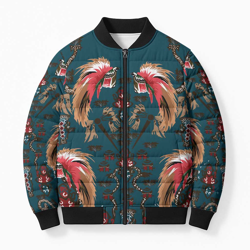 Dark Cyan Blue Bird of Batik Papua Bomber Puffer Jacket Exotic Natural Wealth of Papua - Polynesian Pride