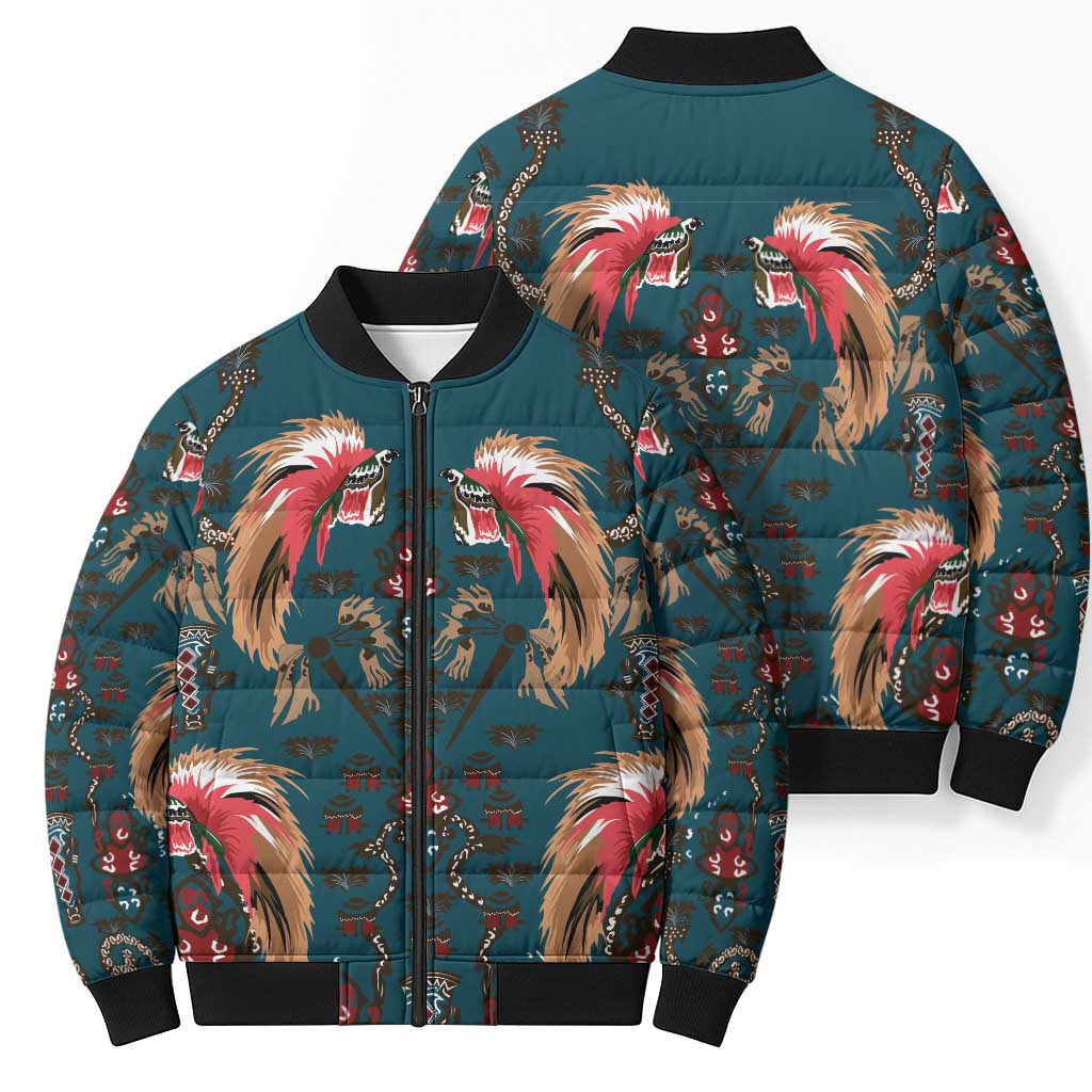 Dark Cyan Blue Bird of Batik Papua Bomber Puffer Jacket Exotic Natural Wealth of Papua - Polynesian Pride