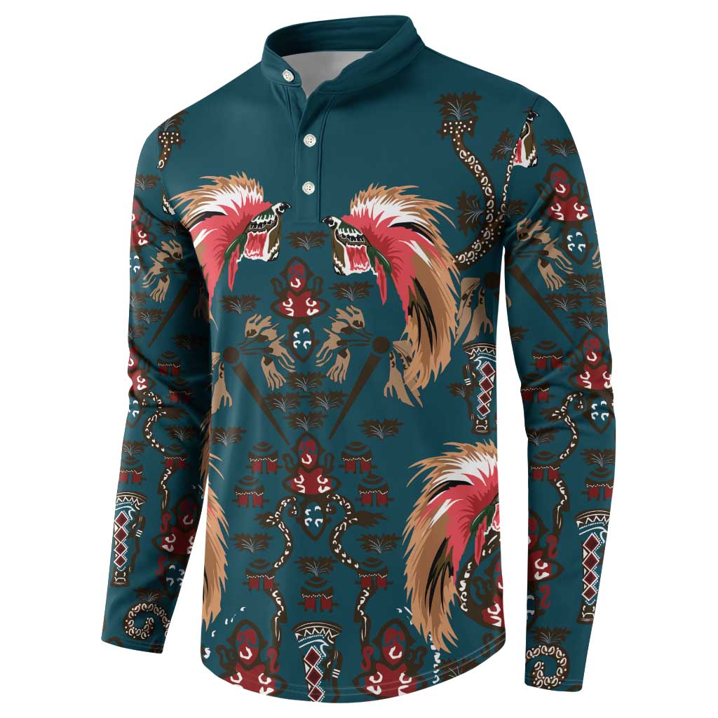 Dark Cyan Blue Bird of Batik Papua Button Sweatshirt Exotic Natural Wealth of Papua - Polynesian Pride