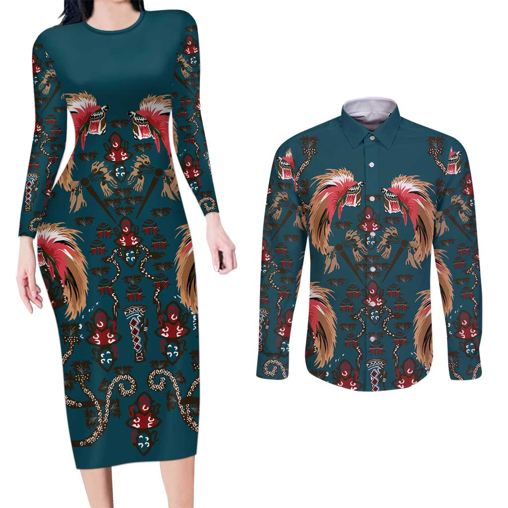 Dark Cyan Blue Bird of Batik Papua Couples Matching Long Sleeve Bodycon Dress and Long Sleeve Button Shirt Exotic Natural Wealth of Papua - Polynesian Pride