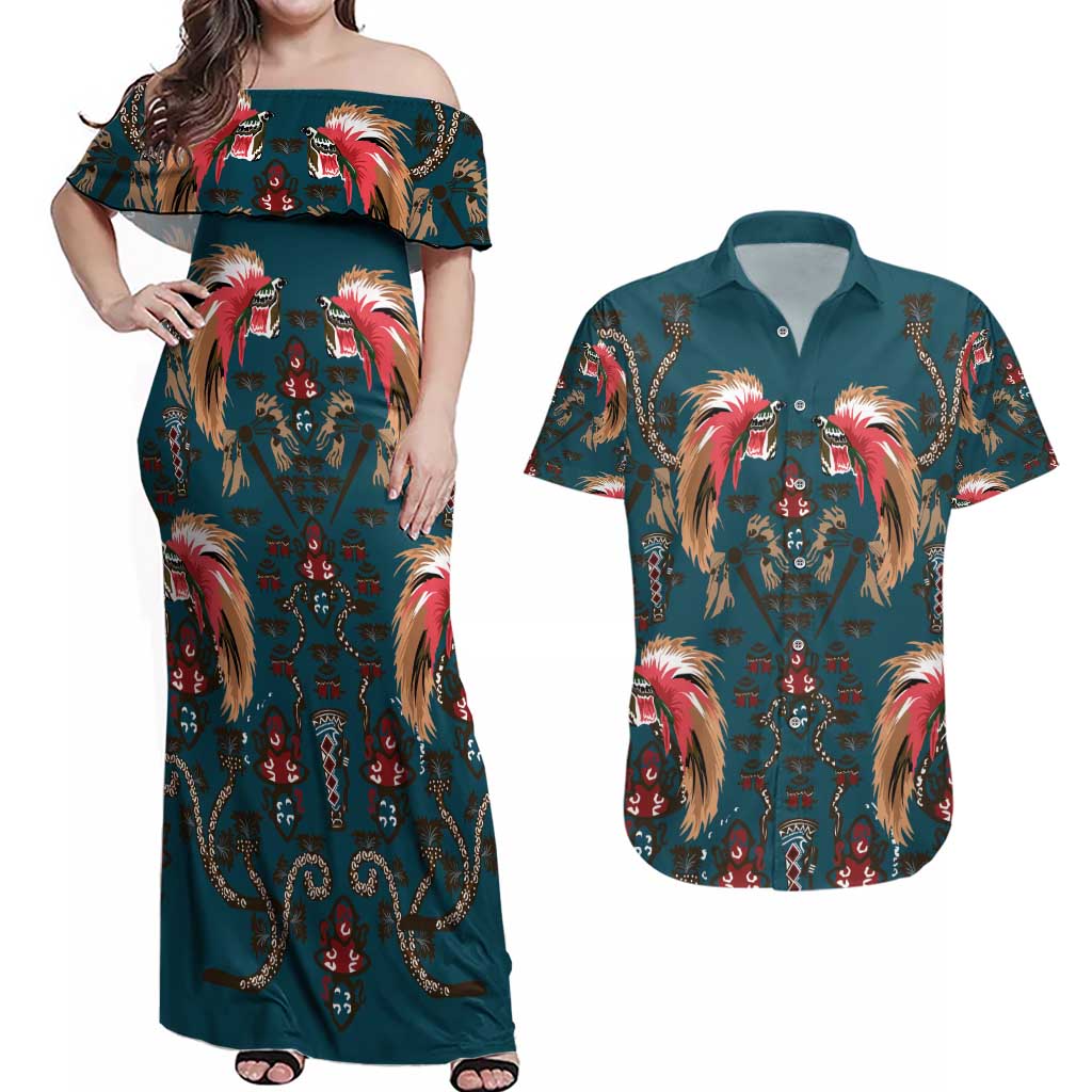 Dark Cyan Blue Bird of Batik Papua Couples Matching Off Shoulder Maxi Dress and Hawaiian Shirt Exotic Natural Wealth of Papua - Polynesian Pride