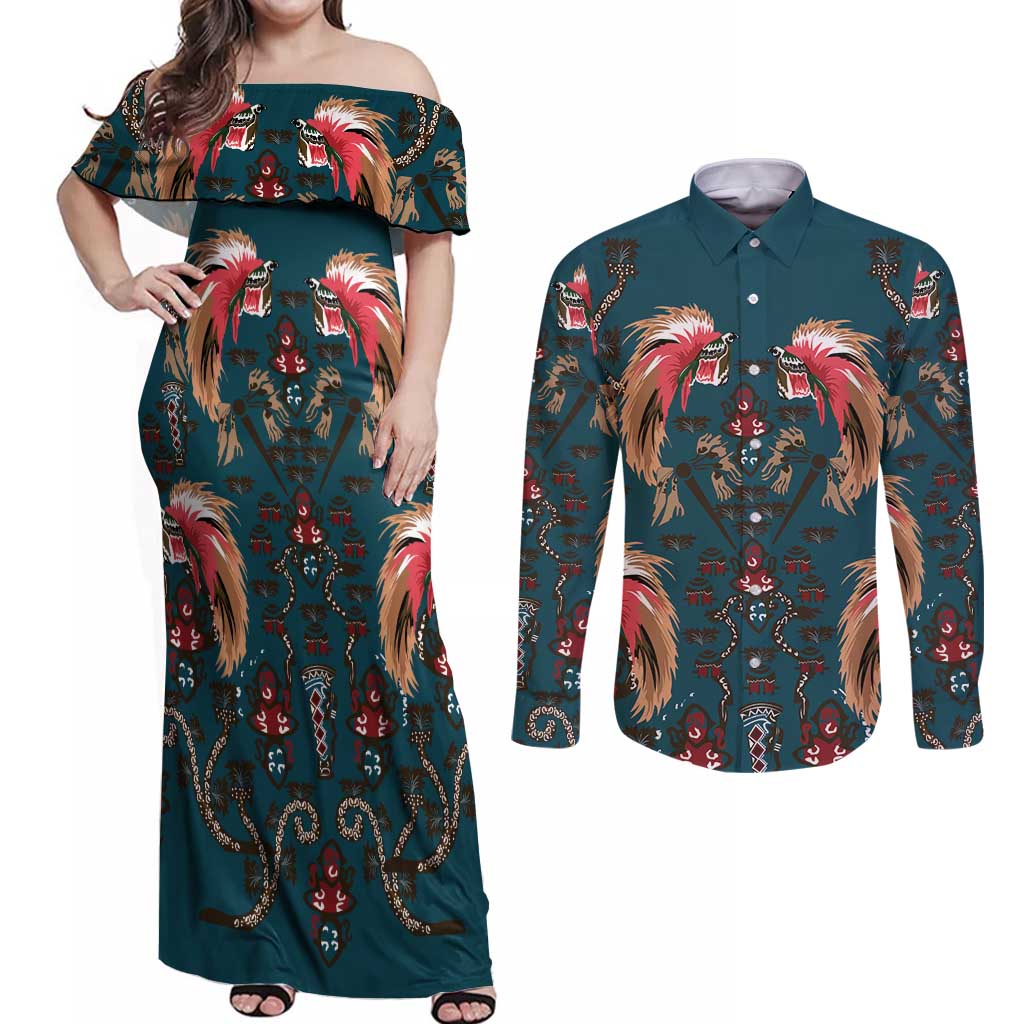 Dark Cyan Blue Bird of Batik Papua Couples Matching Off Shoulder Maxi Dress and Long Sleeve Button Shirt Exotic Natural Wealth of Papua - Polynesian Pride