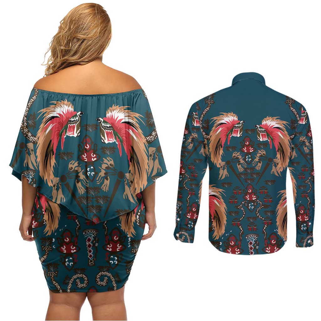 Dark Cyan Blue Bird of Batik Papua Couples Matching Off Shoulder Short Dress and Long Sleeve Button Shirt Exotic Natural Wealth of Papua - Polynesian Pride