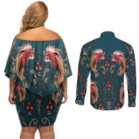 Dark Cyan Blue Bird of Batik Papua Couples Matching Off Shoulder Short Dress and Long Sleeve Button Shirt Exotic Natural Wealth of Papua - Polynesian Pride
