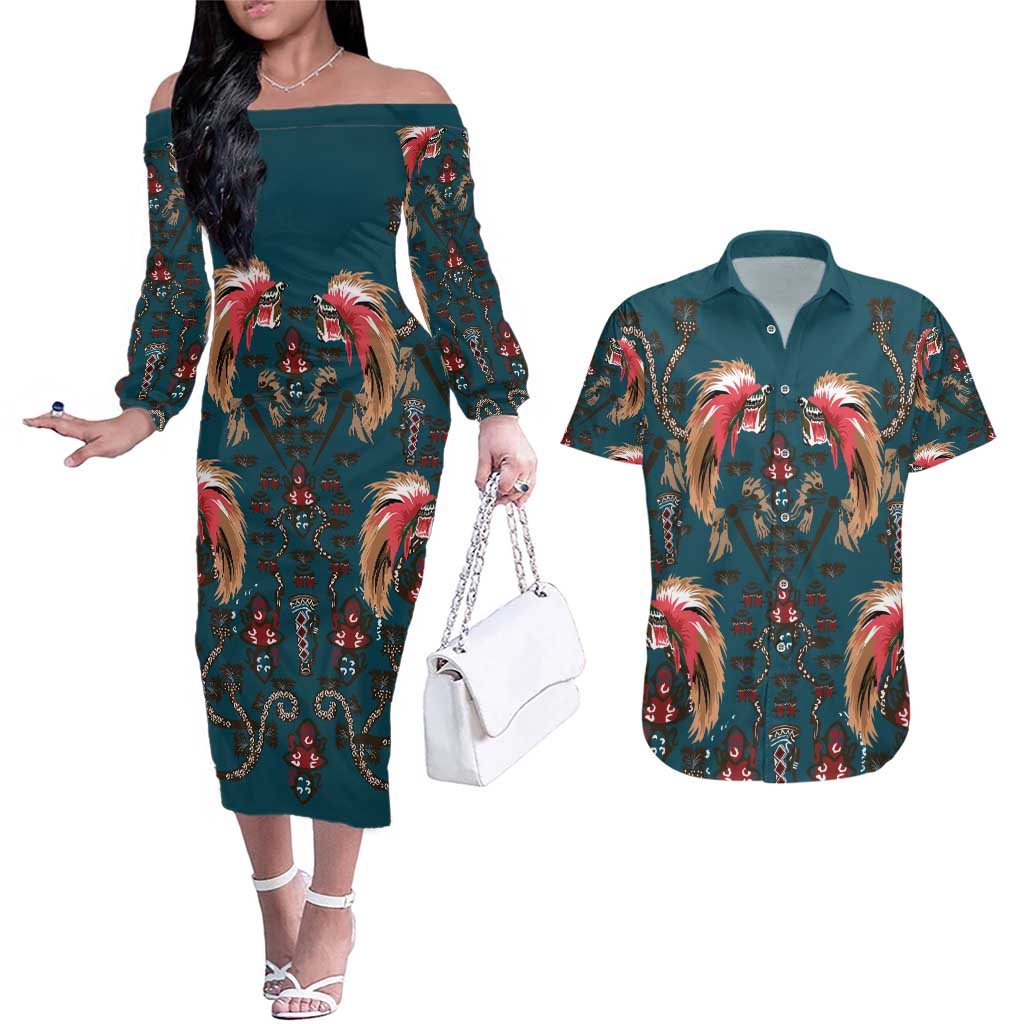 Dark Cyan Blue Bird of Batik Papua Couples Matching Off The Shoulder Long Sleeve Dress and Hawaiian Shirt Exotic Natural Wealth of Papua - Polynesian Pride