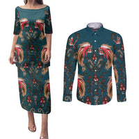 Dark Cyan Blue Bird of Batik Papua Couples Matching Puletasi and Long Sleeve Button Shirt Exotic Natural Wealth of Papua - Polynesian Pride