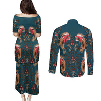 Dark Cyan Blue Bird of Batik Papua Couples Matching Puletasi and Long Sleeve Button Shirt Exotic Natural Wealth of Papua - Polynesian Pride