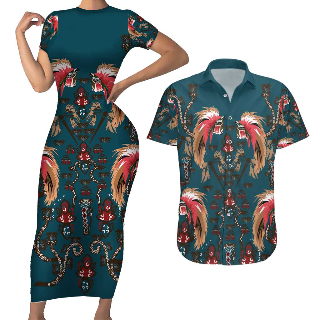 Dark Cyan Blue Bird of Batik Papua Couples Matching Short Sleeve Bodycon Dress and Hawaiian Shirt Exotic Natural Wealth of Papua - Polynesian Pride