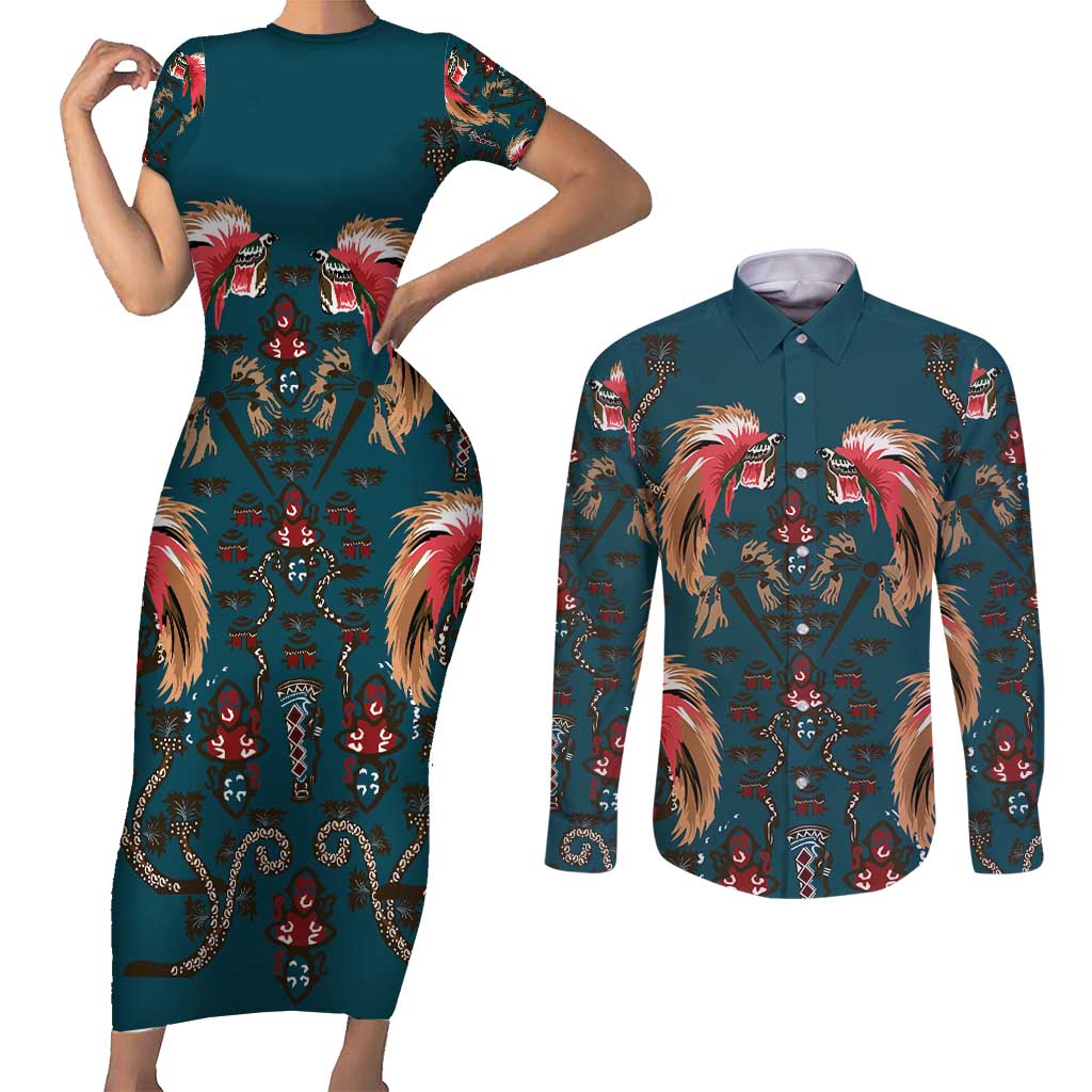 Dark Cyan Blue Bird of Batik Papua Couples Matching Short Sleeve Bodycon Dress and Long Sleeve Button Shirt Exotic Natural Wealth of Papua - Polynesian Pride