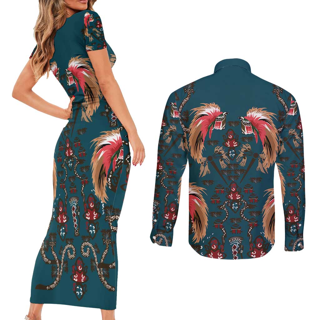 Dark Cyan Blue Bird of Batik Papua Couples Matching Short Sleeve Bodycon Dress and Long Sleeve Button Shirt Exotic Natural Wealth of Papua - Polynesian Pride