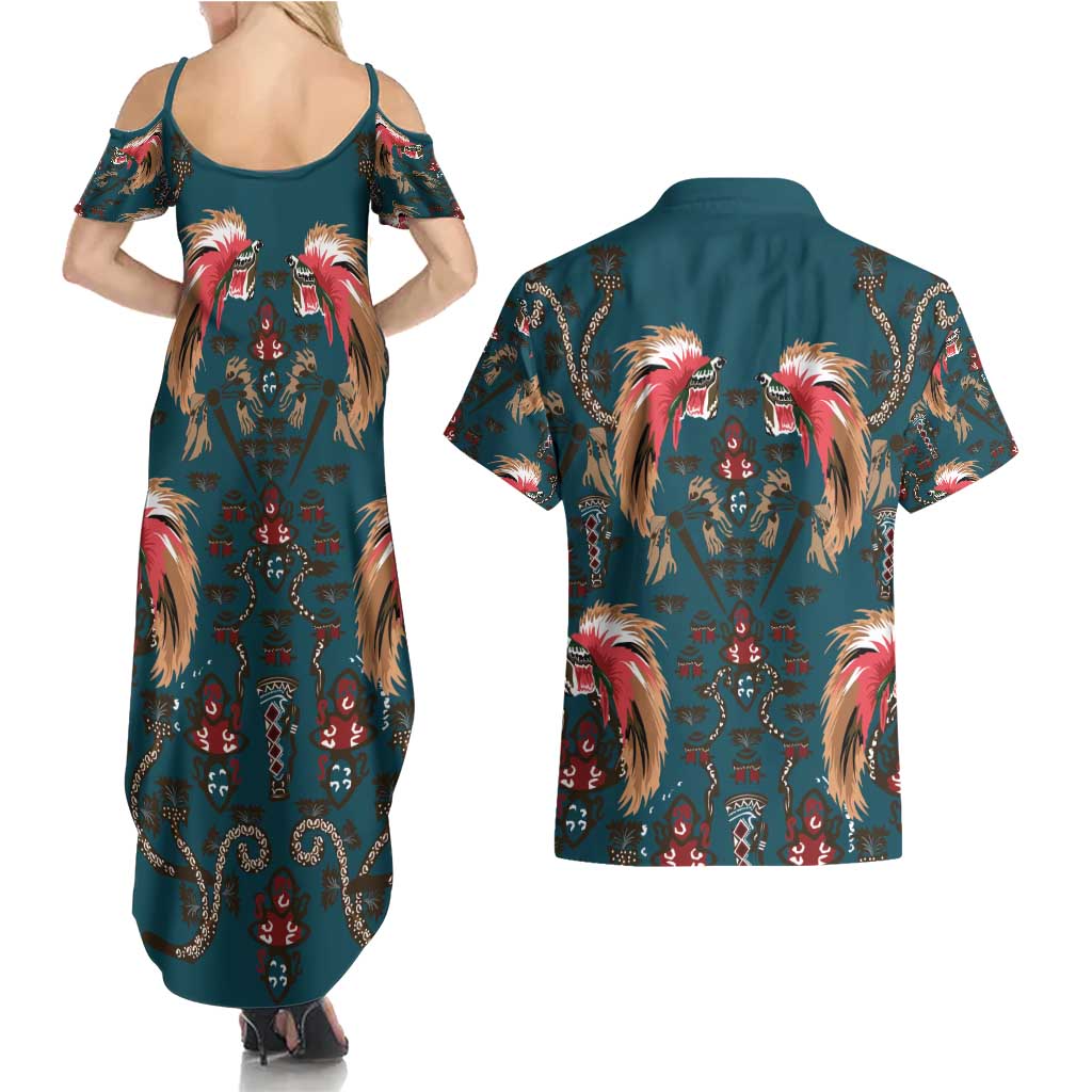 Dark Cyan Blue Bird of Batik Papua Couples Matching Summer Maxi Dress and Hawaiian Shirt Exotic Natural Wealth of Papua - Polynesian Pride