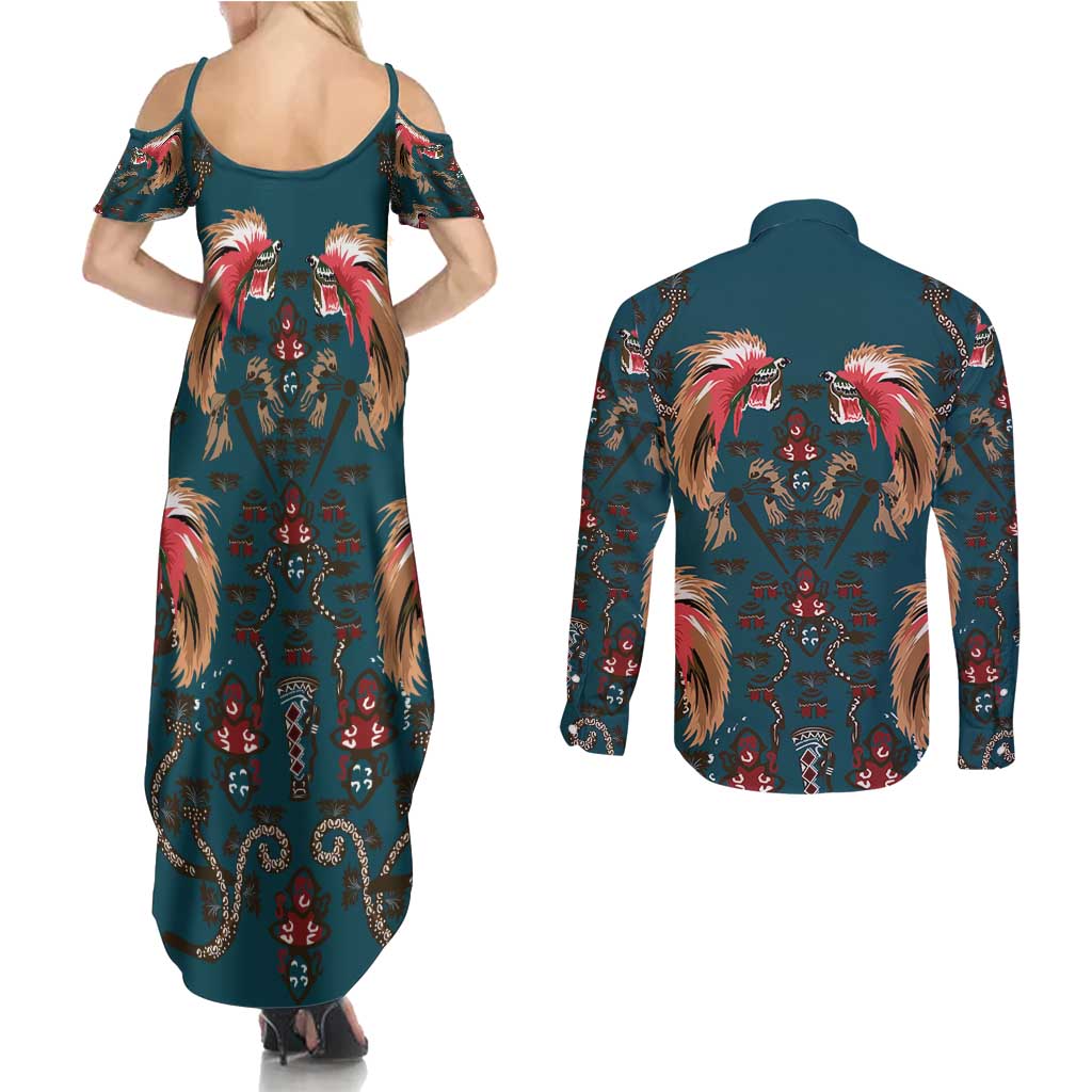 Dark Cyan Blue Bird of Batik Papua Couples Matching Summer Maxi Dress and Long Sleeve Button Shirt Exotic Natural Wealth of Papua - Polynesian Pride
