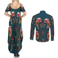 Dark Cyan Blue Bird of Batik Papua Couples Matching Summer Maxi Dress and Long Sleeve Button Shirt Exotic Natural Wealth of Papua - Polynesian Pride