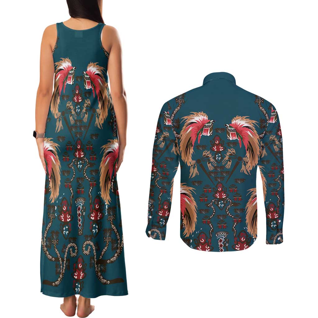 Dark Cyan Blue Bird of Batik Papua Couples Matching Tank Maxi Dress and Long Sleeve Button Shirt Exotic Natural Wealth of Papua - Polynesian Pride