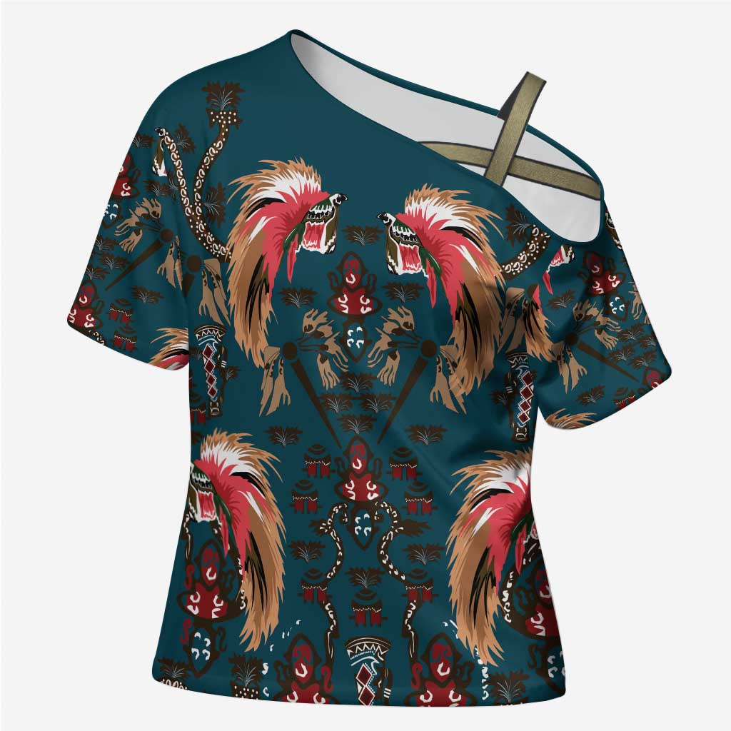 Dark Cyan Blue Bird of Batik Papua Cross Shoulder Shirt Exotic Natural Wealth of Papua - Polynesian Pride
