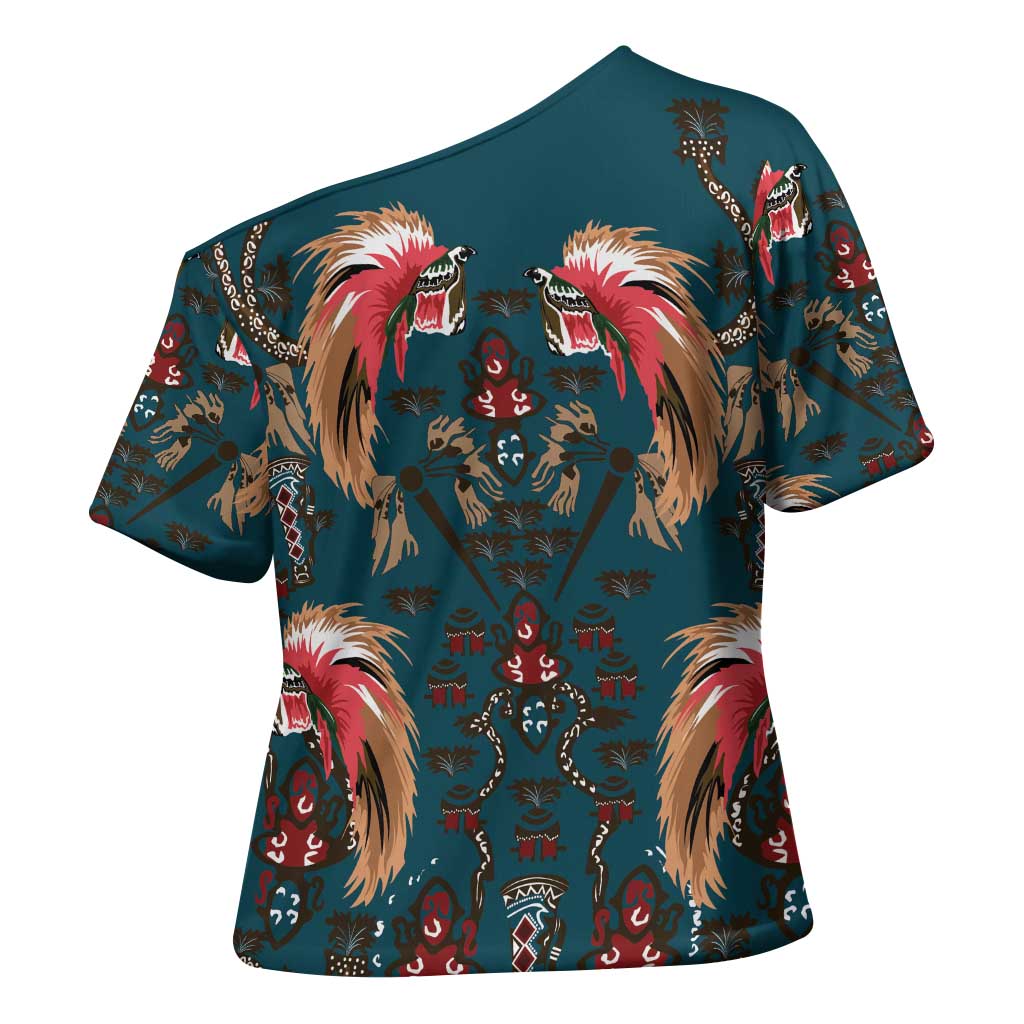Dark Cyan Blue Bird of Batik Papua Cross Shoulder Shirt Exotic Natural Wealth of Papua - Polynesian Pride